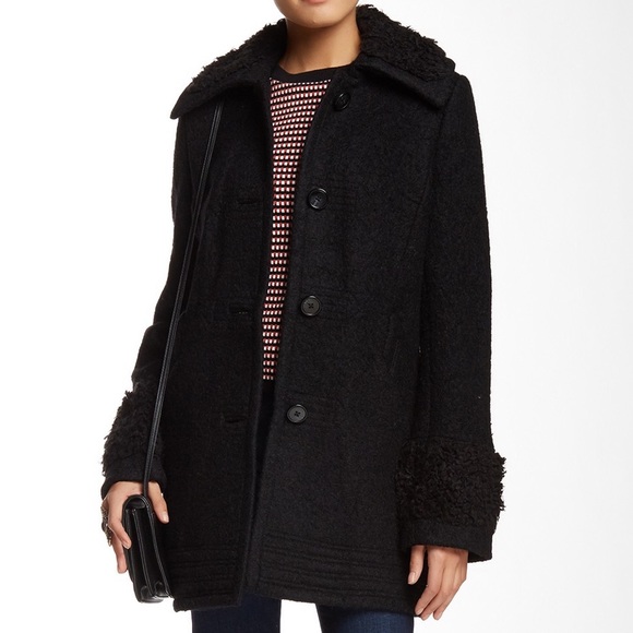 Free People Wooley Wool Blend Faux Fur Trim Pea Coat Longline Size XS Flawed